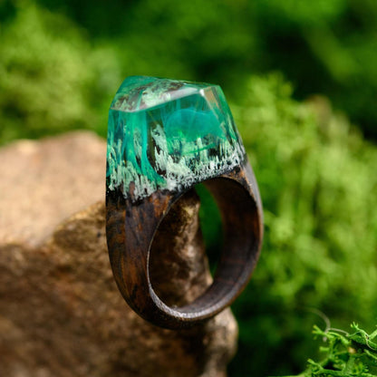 Green Northern Lights Oak Wood Ring, Aurora Borealis Resin Ring