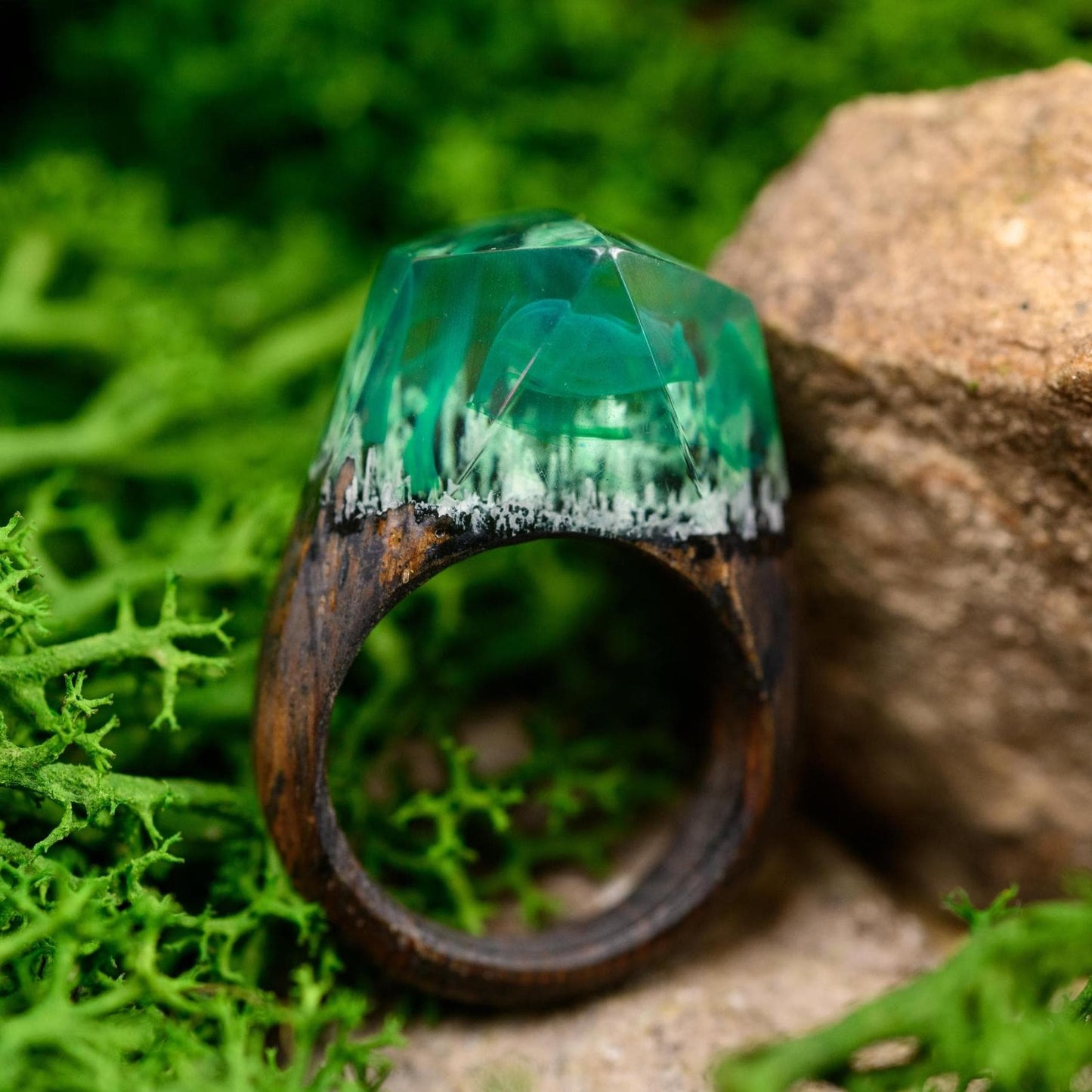 Green Northern Lights Oak Wood Ring, Aurora Borealis Resin Ring