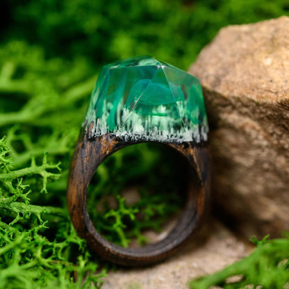 Green Northern Lights Oak Wood Ring, Aurora Borealis Resin Ring