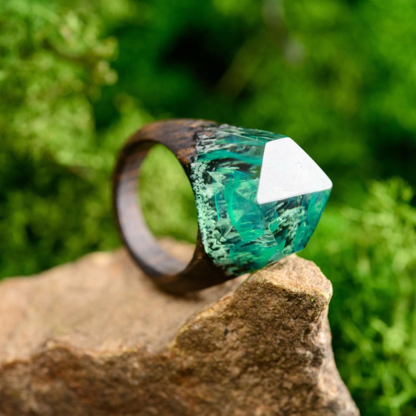 Green Northern Lights Oak Wood Ring, Aurora Borealis Resin Ring