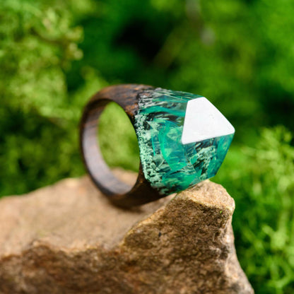 Green Northern Lights Oak Wood Ring, Aurora Borealis Resin Ring