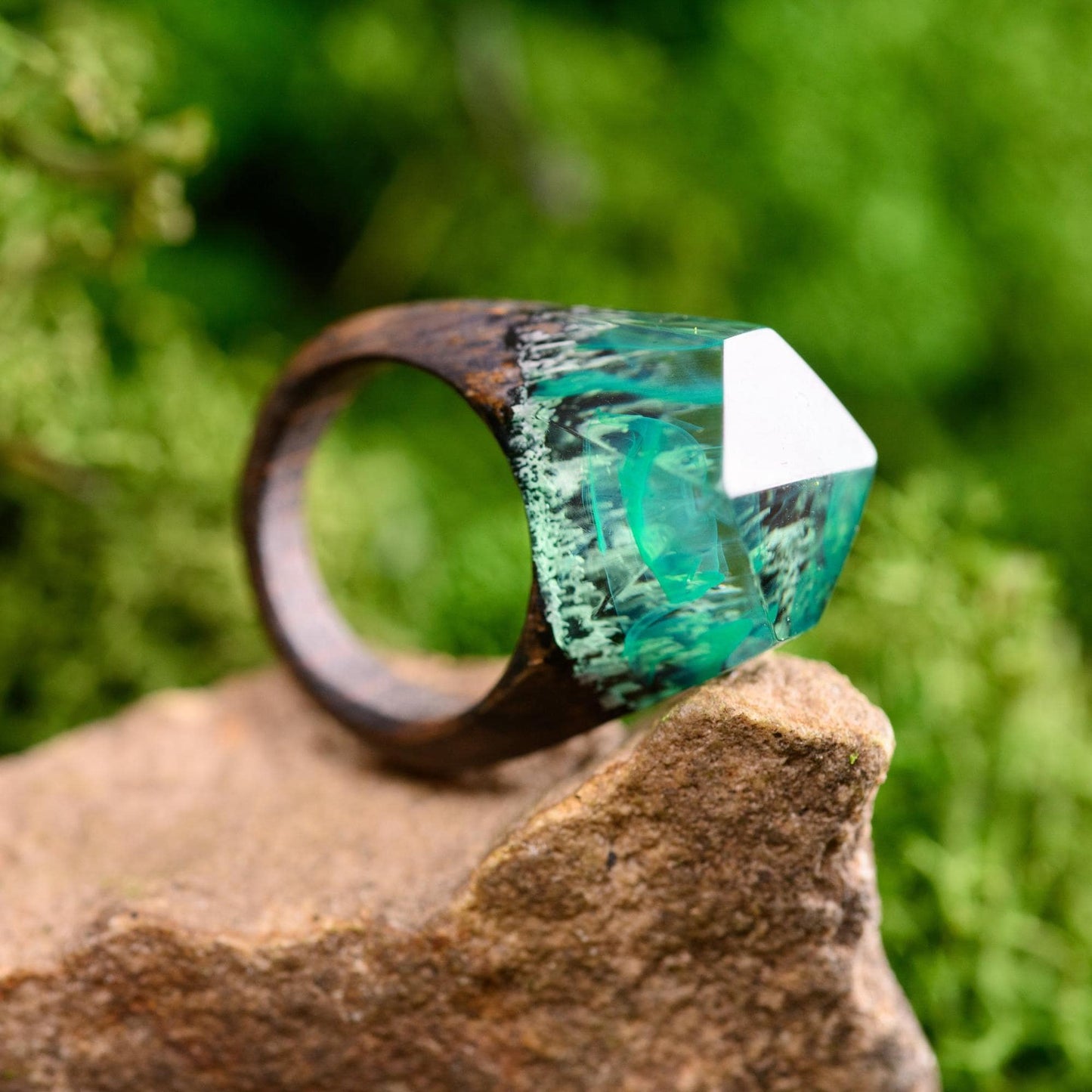 Green Northern Lights Oak Wood Ring, Aurora Borealis Resin Ring