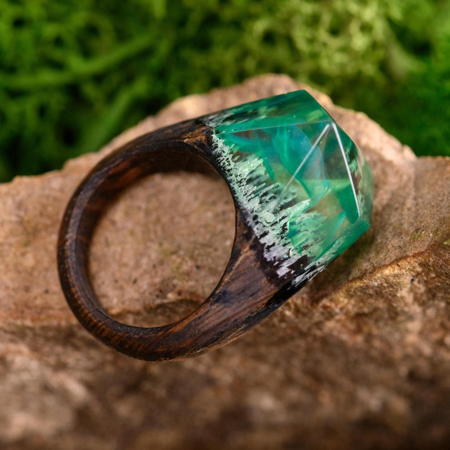 Green Northern Lights Oak Wood Ring, Aurora Borealis Resin Ring