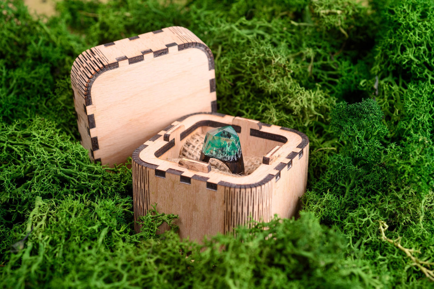 Green Northern Lights Oak Wood Ring, Aurora Borealis Resin Ring