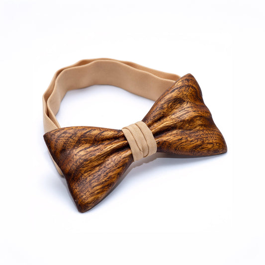 Brown Wooden Bow Tie For Men With Beige Stripe in Hardwood Gift Box