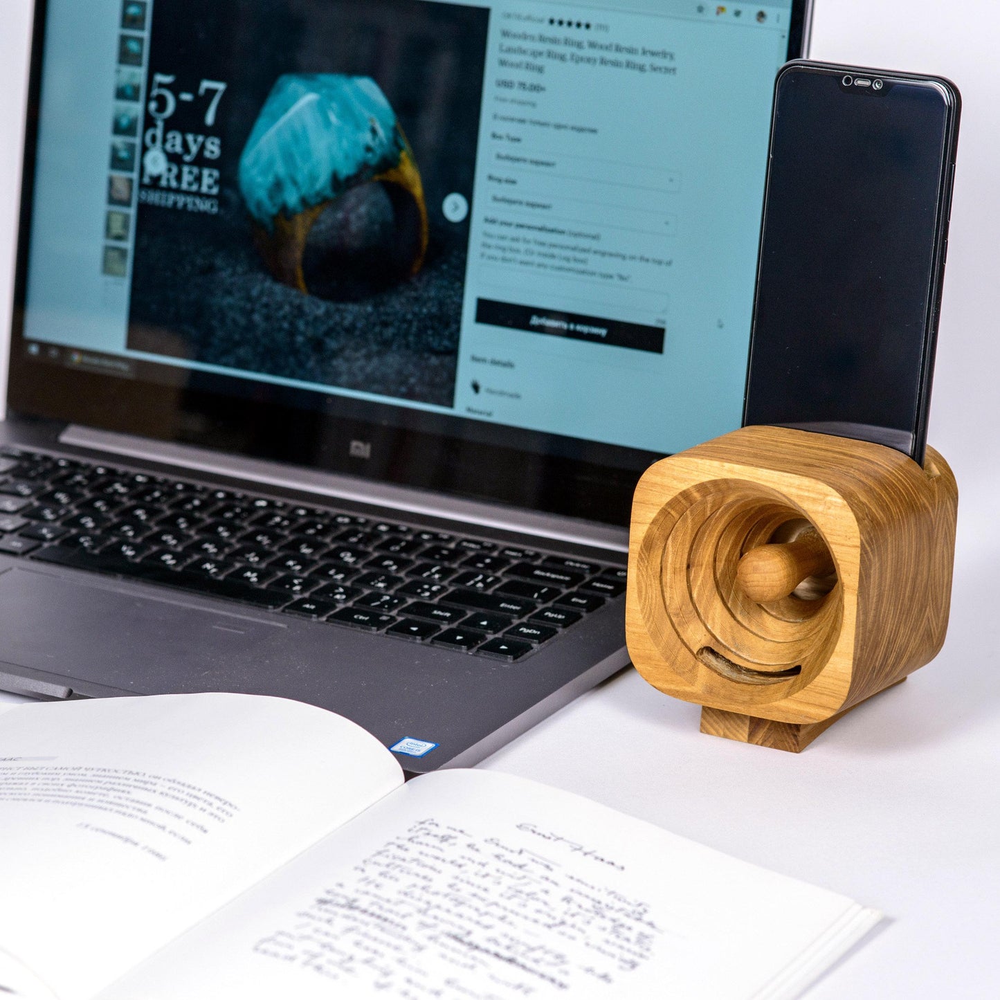 Wooden Phone Speaker Personalized 5th Anniversary Gift for Him - Passive Sound Amplifier