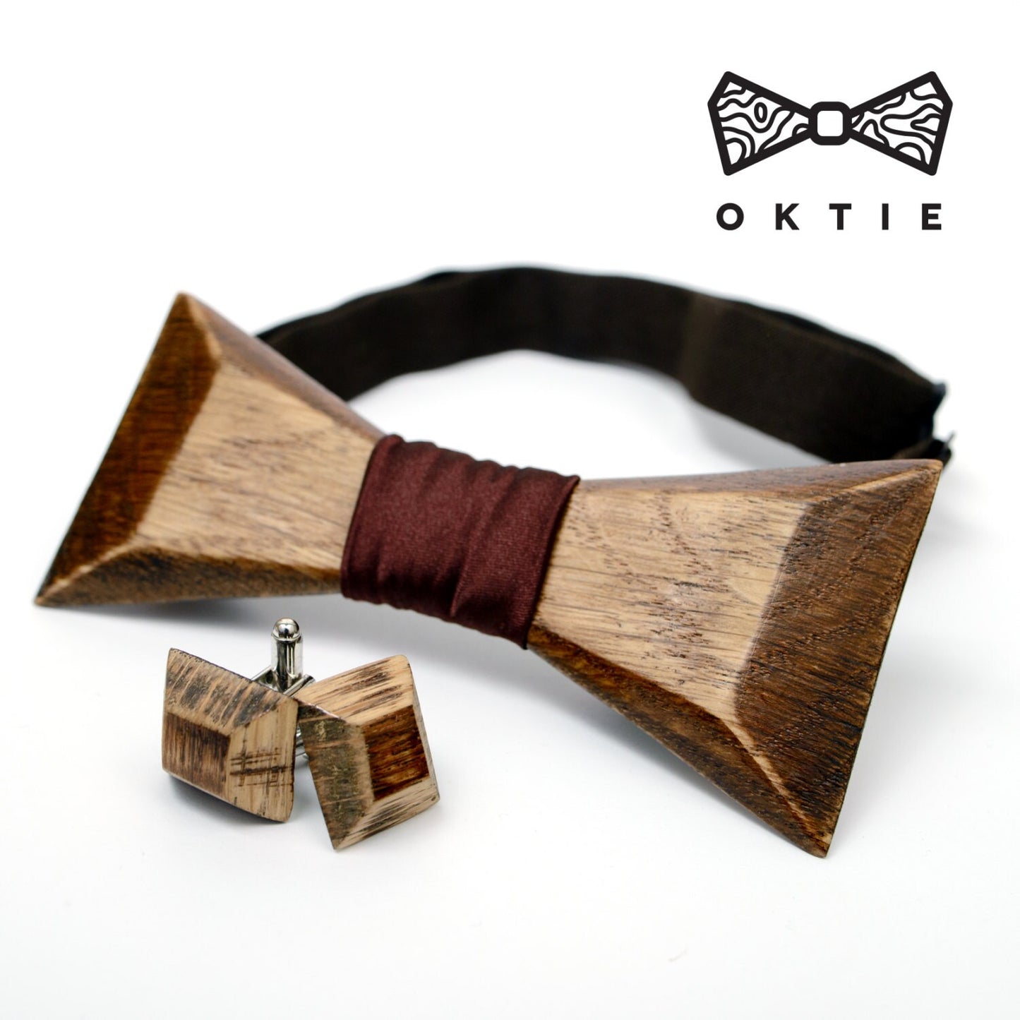 Oak Wooden Bow Tie Cuff Links Set, Handmade Groomsmen Gift