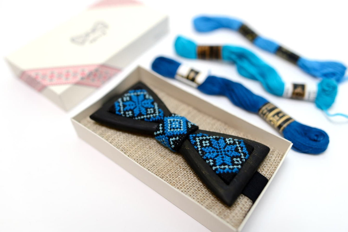 Ukraine Ornament Wooden Bow Tie: Ash Wood, Embroidered